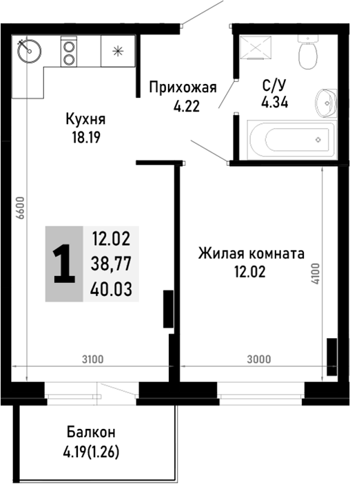 1-комн., 38.77 м², 4/4 этаж, ЖК «Усадьба Гостагаевская»