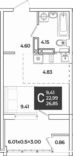 Студия, 23.85 м², 15/18 этаж, ЖК «Образцово»