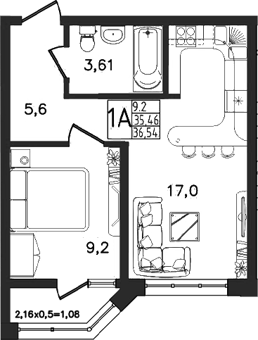 2-комн., 35.46 м², 14/14 этаж, ЖК «Яблоневый»