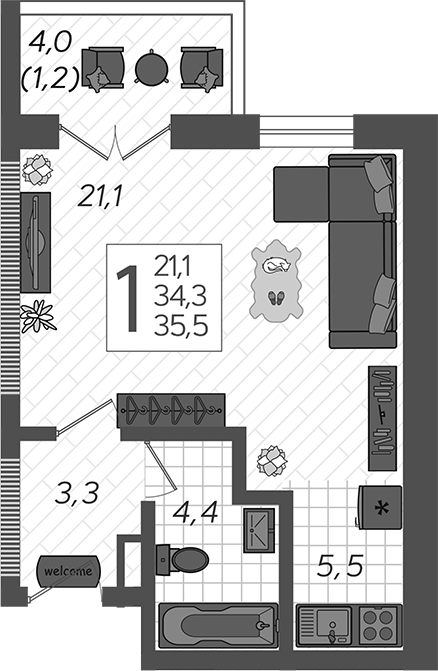 Студия, 34.3 м², 9/12 этаж, ЖК «Летний»