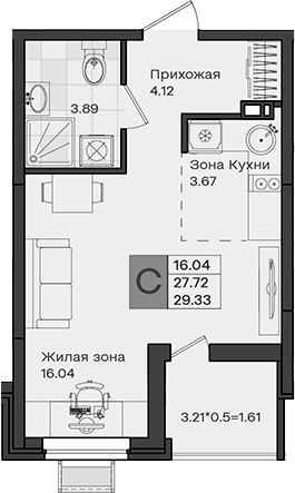 Студия, 27.72 м², 7/8 этаж, ЖК «МОНО квартал»