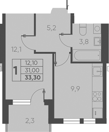 1-комн., 31 м², 15/15 этаж, ЖК «Барса»