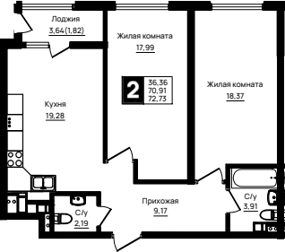 2-комн., 70.91 м², 6/18 этаж, ЖК «Резиденция морей»