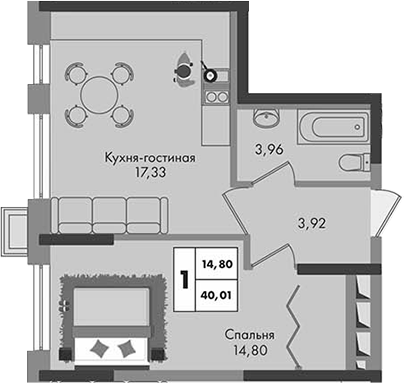1-комн., 40.01 м², 3/9 этаж, ЖК «Зеленая территория»
