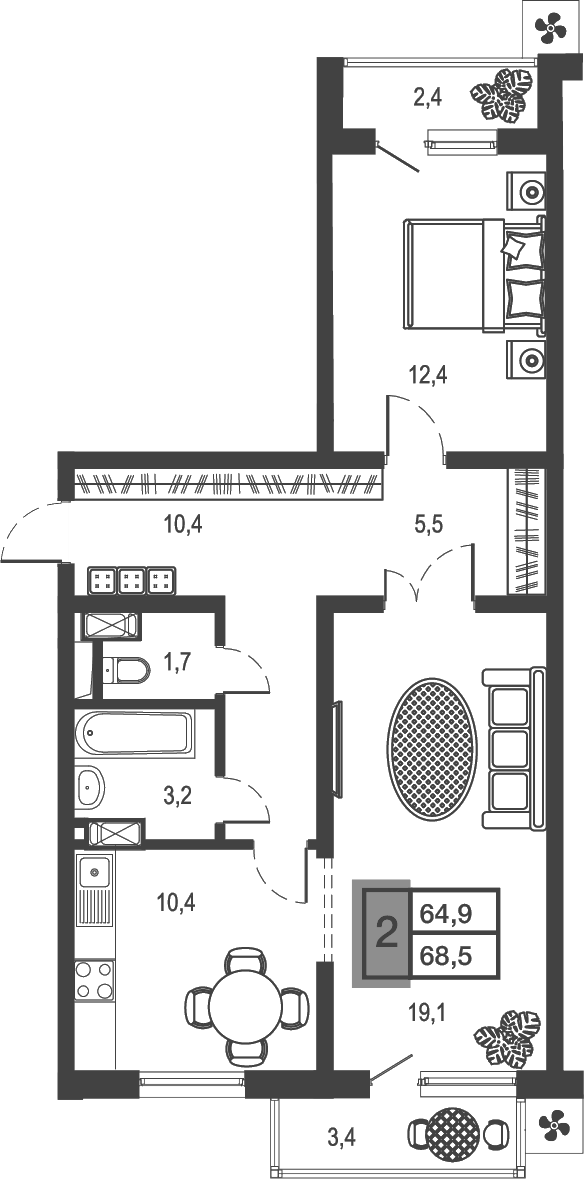 2-комн., 62.68 м², 14/21 этаж, ЖК «Дом у озера»