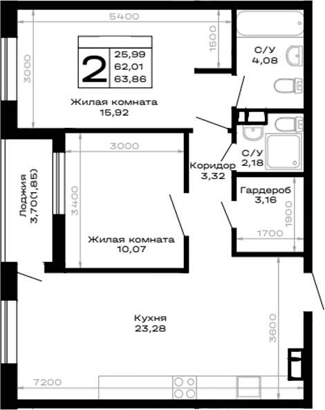 2-комн., 62.01 м², 14/14 этаж, ЖК «Горные высоты»