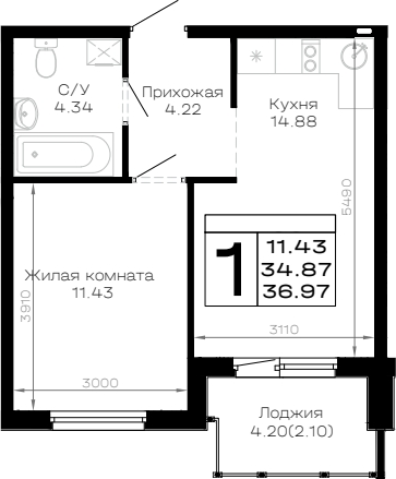 1-комн., 34.87 м², 3/4 этаж, ЖК «Усадьба Гостагаевская»