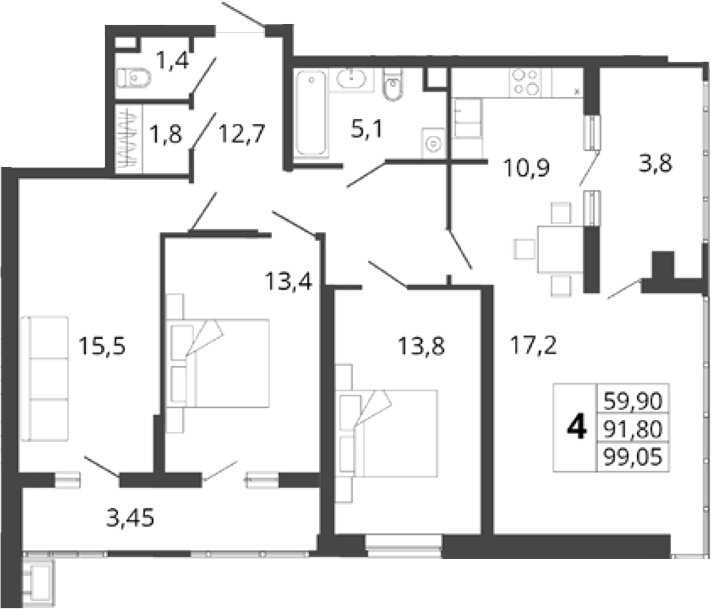 4+ комнаты, 91.8 м², 18/18 этаж, ЖК «Родные Просторы»