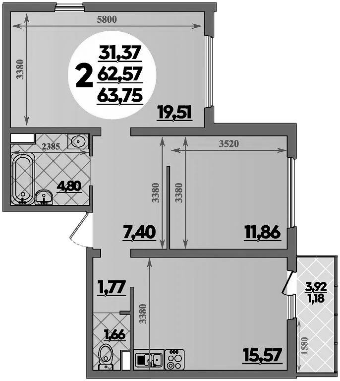 2-комн., 62.57 м², 1/9 этаж, ЖК «Предгорье Лаго-Наки»