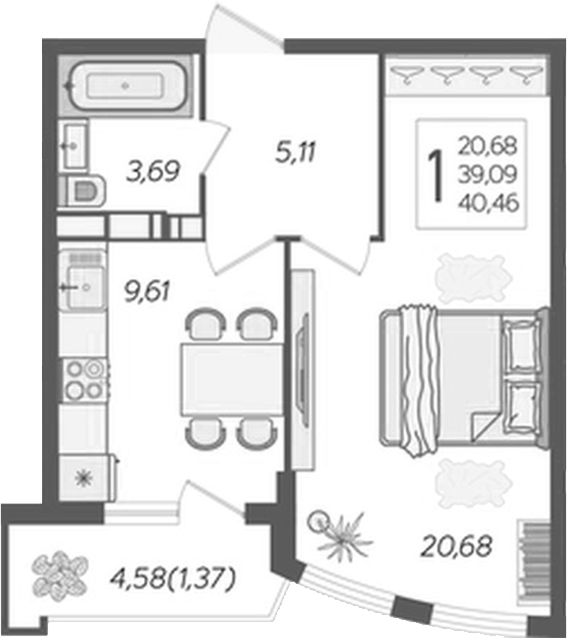 1-комн., 38.13 м², 7/20 этаж, ЖК «Альфа. АСК»