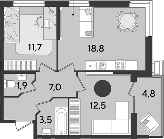 3-комн., 55.4 м², 2/9 этаж, ЖК «Парк Победы»