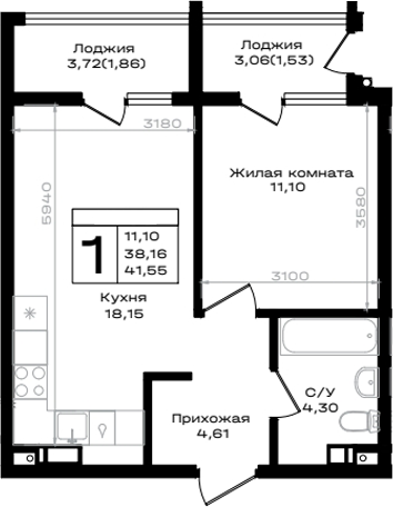 1-комн., 38.16 м², 2/9 этаж, ЖК «ЮЖНО»