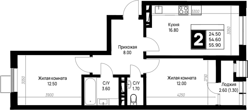 2-комн., 54.6 м², 7/12 этаж, ЖК «На высоком берегу»