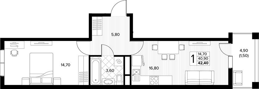 1-комн., 40.9 м², 3/7 этаж, ЖК «Кипарис»