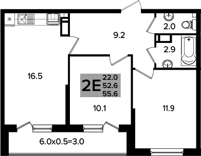 3-комн., 52.6 м², 10/16 этаж, ЖК «Сармат»