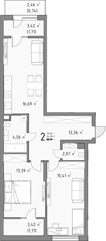 2-комн., 64.38 м², 3/15 этаж, ЖК «Коллекция»