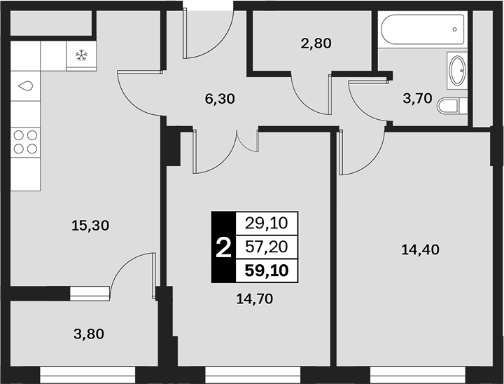 2-комн., 57.2 м², 8/14 этаж, ЖК «Аксис Патриот»