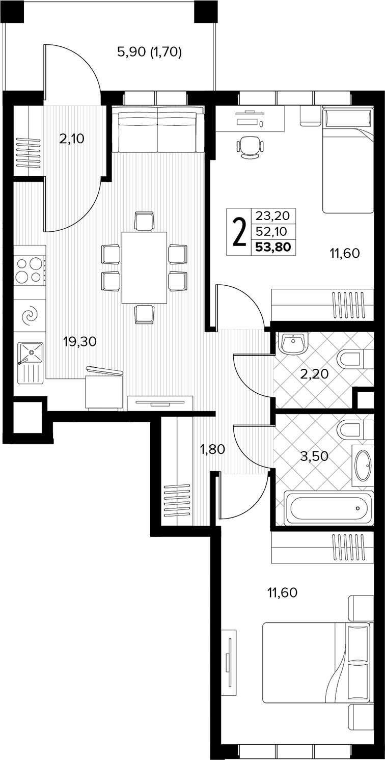 2-комн., 52.1 м², 1/8 этаж, ЖК «Кипарис»