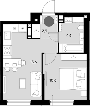 2-комн., 33.7 м², 14/16 этаж, ЖК «Грейд»