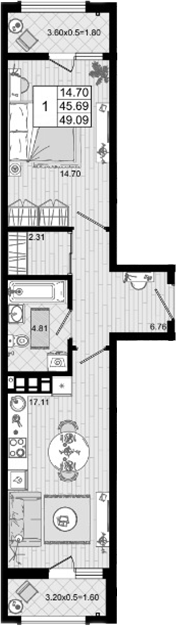 1-комн., 45.69 м², 6/8 этаж, ЖК «Резиденция морей»