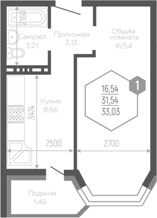 1-комн., 30.61 м², 19/19 этаж, ЖК «Черкасская»