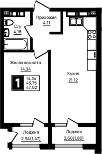 1-комн., 43.75 м², 15/18 этаж, ЖК «Резиденция морей»