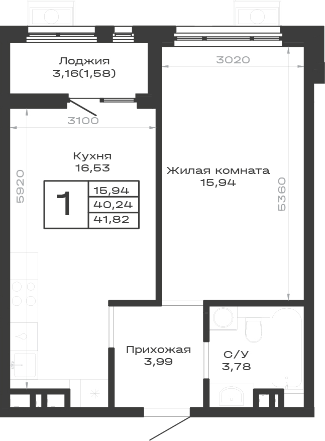 1-комн., 40.24 м², 8/9 этаж, ЖК «Суворов. ГК Во-первых»