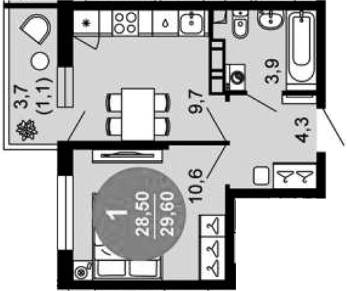 1-комн., 28.5 м², 3/12 этаж, ЖК «Флора»