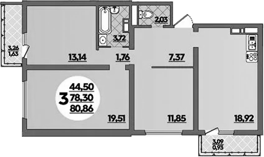 3-комн., 78.3 м², 10/16 этаж, ЖК «Город у моря»