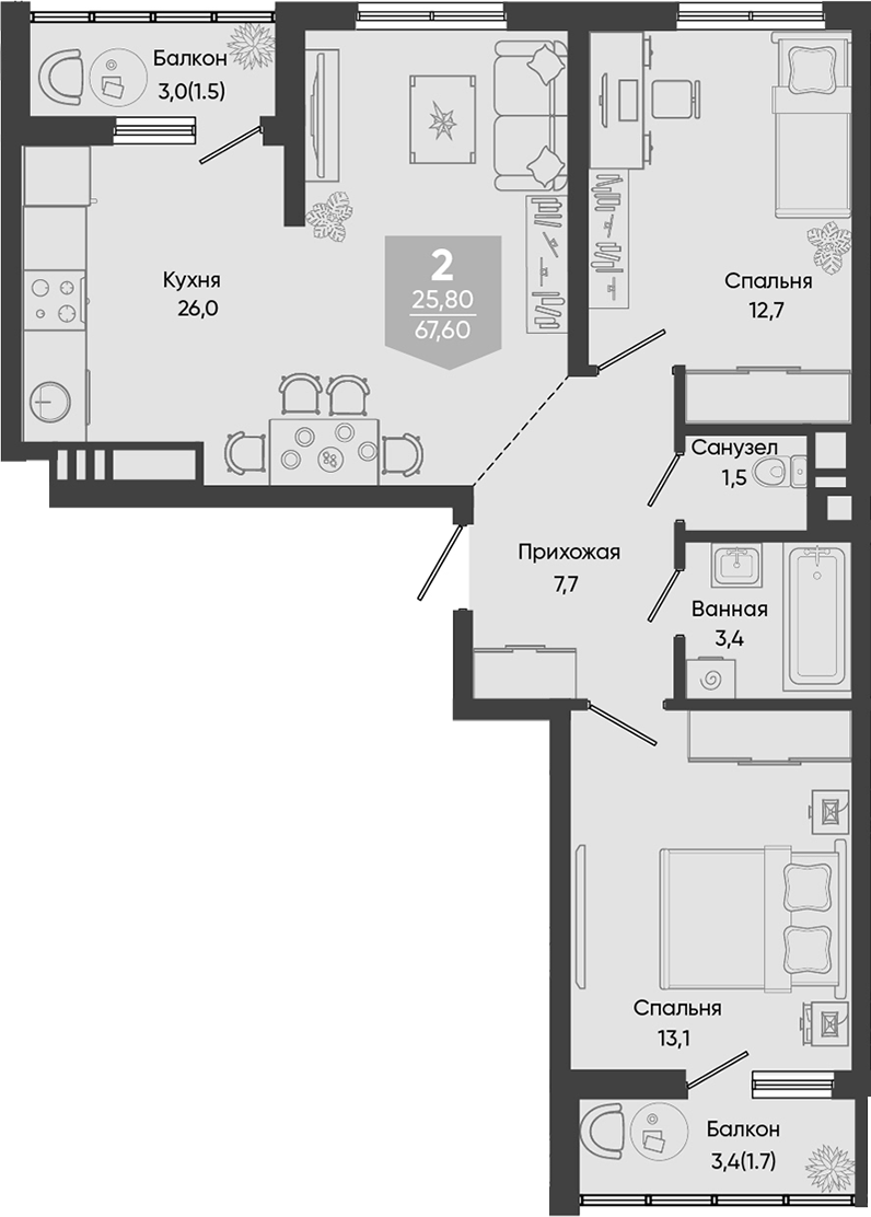 3-комн., 64.4 м², 17/24 этаж, ЖК «Облака»