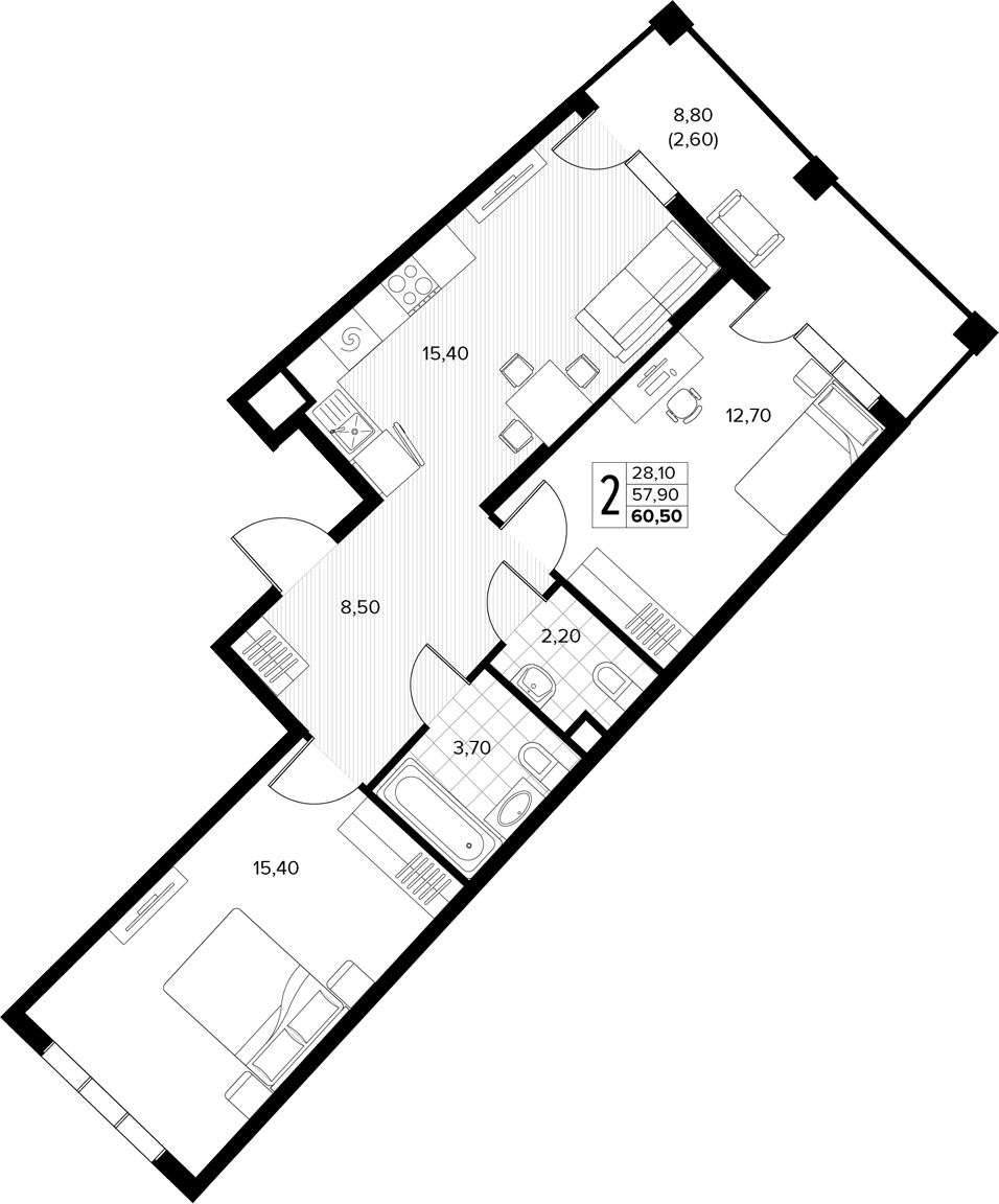 2-комн., 57.9 м², 2/8 этаж, ЖК «Кипарис»