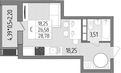 Студия, 26.58 м², 6/8 этаж, ЖК «Сады у моря»