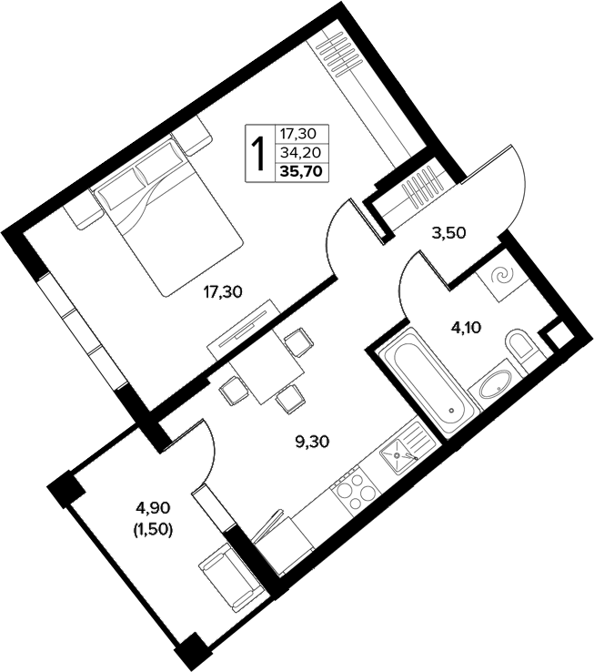 1-комн., 34.2 м², 2/8 этаж, ЖК «Кипарис»