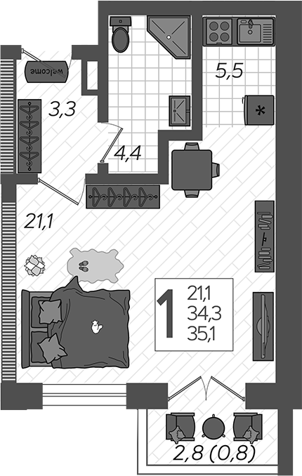 Студия, 34.3 м², 3/12 этаж, ЖК «Летний»