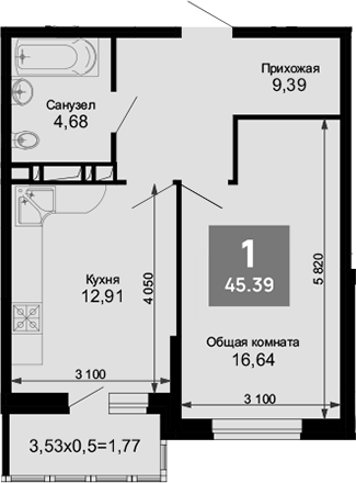 1-комн., 43.62 м², 6/15 этаж, ЖК «Лучший»