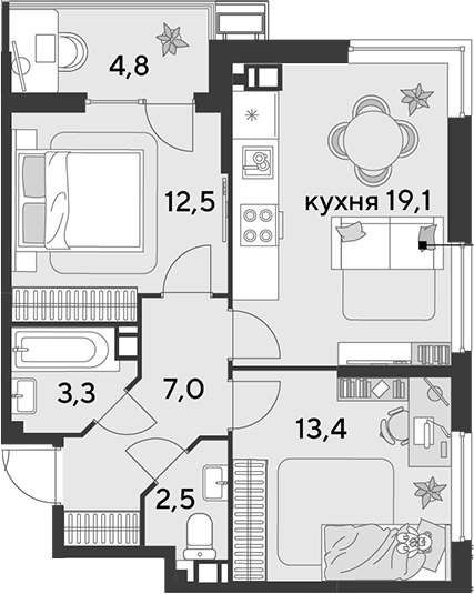 3-комн., 57.8 м², 6/9 этаж, ЖК «Парк Победы»