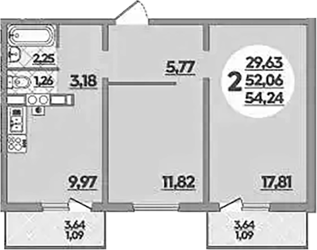 2-комн., 52.06 м², 2/5 этаж, ЖК «Тихорецк»
