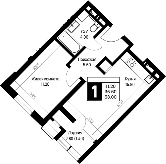 1-комн., 36.6 м², 2/12 этаж, ЖК «На высоком берегу»