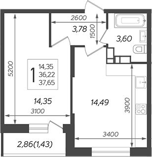 1-комн., 36.22 м², 14/19 этаж, ЖК «Смородина»