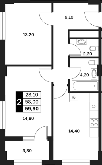 2-комн., 58 м², 11/15 этаж, ЖК «Аксис Патриот»