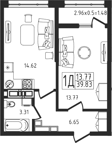 2-комн., 38.35 м², 9/9 этаж, ЖК «Яблоневый»