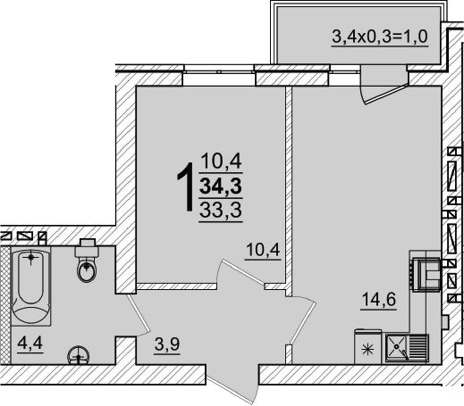 1-комн., 33.3 м², 5/5 этаж, ЖК «Дарград»