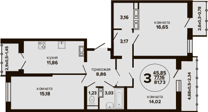 3-комн., 77.16 м², 24/24 этаж, ЖК «Гулливер»