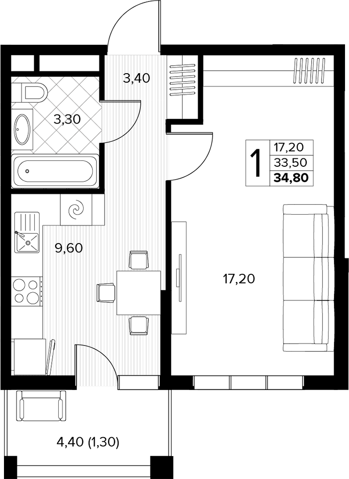1-комн., 33.5 м², 7/8 этаж, ЖК «Кипарис»