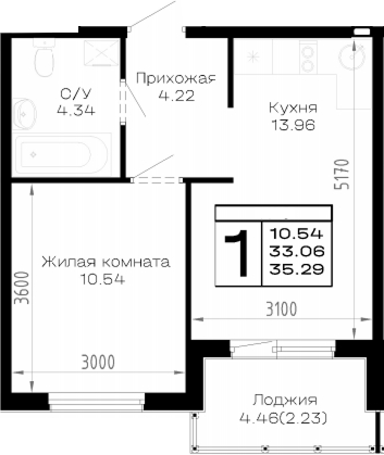1-комн., 33.06 м², 2/4 этаж, ЖК «Усадьба Гостагаевская»
