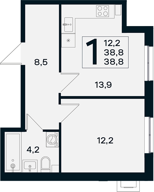 1-комн., 38.8 м², 1/4 этаж, ЖК «Новая Елизаветка»
