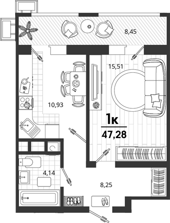 1-комн., 38.83 м², 7/18 этаж, ЖК «Родные Просторы»