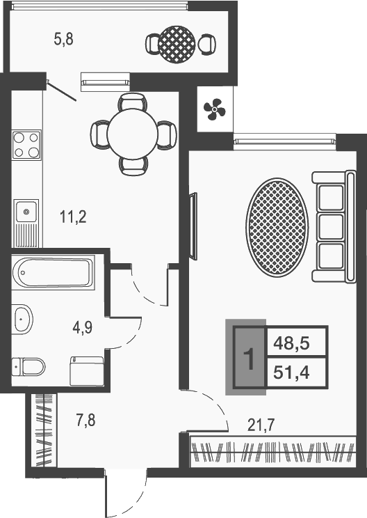 1-комн., 45.6 м², 2/23 этаж, ЖК «Дом у озера»