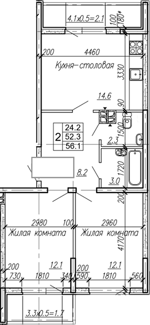 2-комн., 52.3 м², 3/4 этаж, ЖК «Дзенпарк»