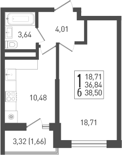 1-комн., 37.88 м², 10/22 этаж, ЖК «ЖК «Кубанская Крепость»»
